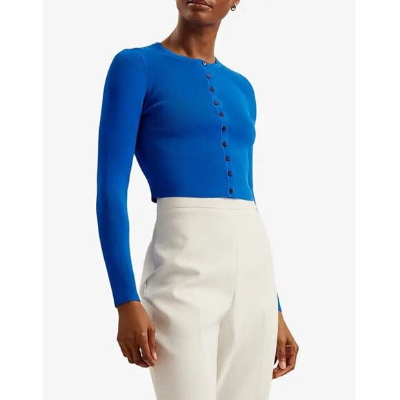 Ted Baker Sweaters - TED BAKER LONDON Kklara Scallop-Trim Stretch-Knit Cardigan Size 4 - Mid-Blue
